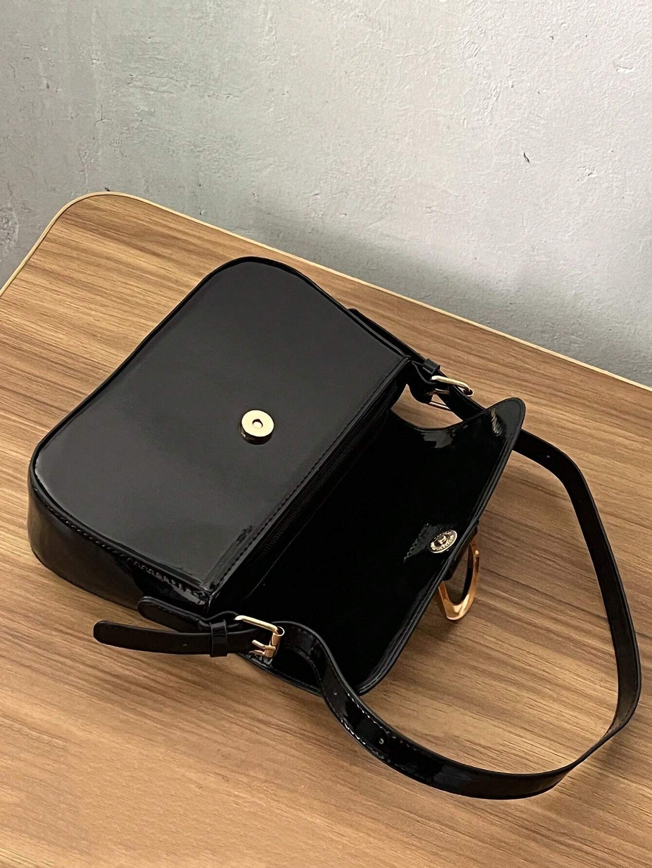 Flap Square Bag Metal Decor Vintage Solid Color Square Shoulder Bag All Match shein