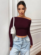 Solid Color Asymmetric Neck Ruched Fitted Cropped T-Shirt shein