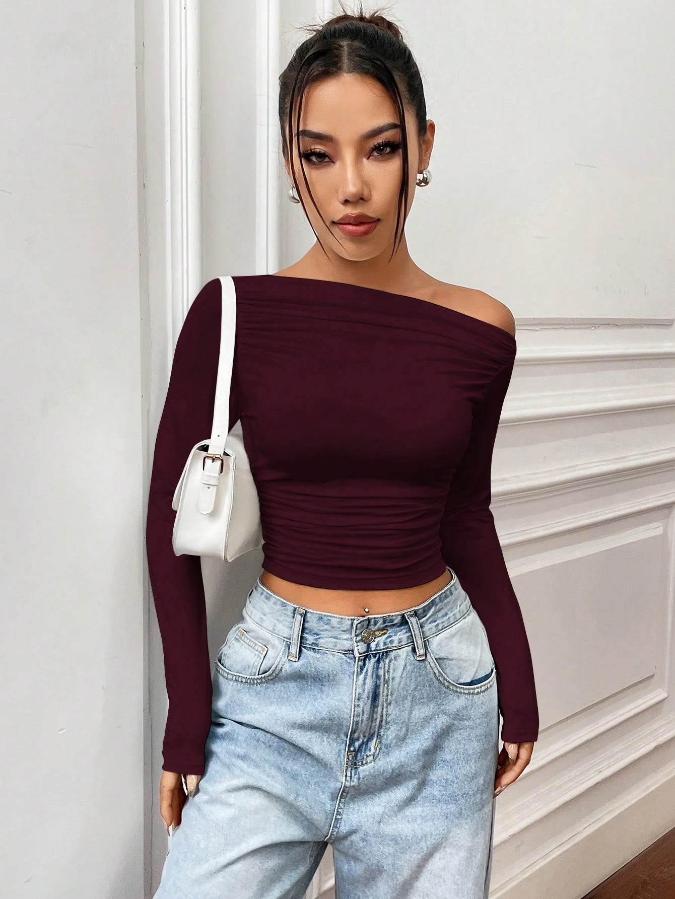 Solid Color Asymmetric Neck Ruched Fitted Cropped T-Shirt shein