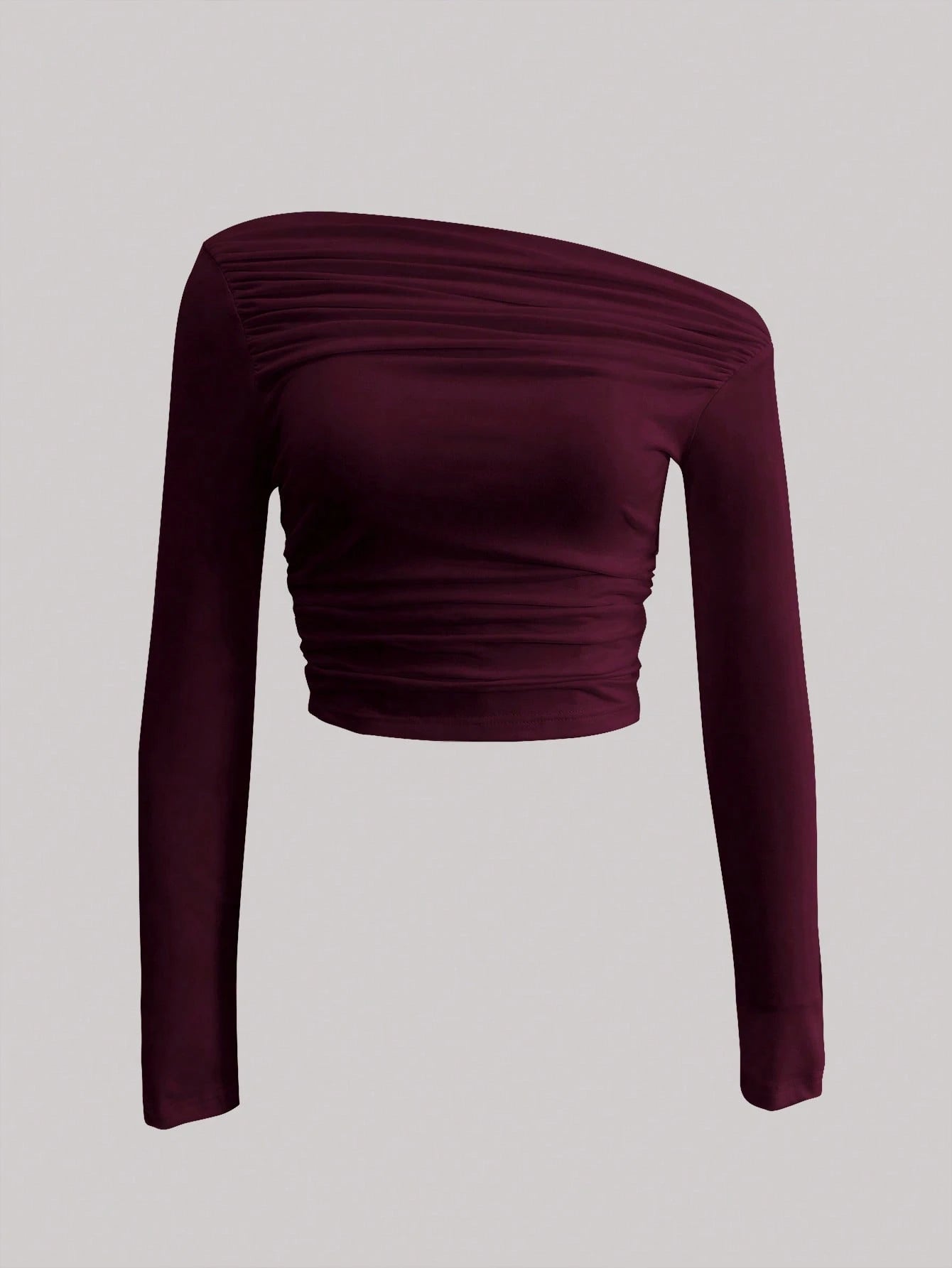 Solid Color Asymmetric Neck Ruched Fitted Cropped T-Shirt shein