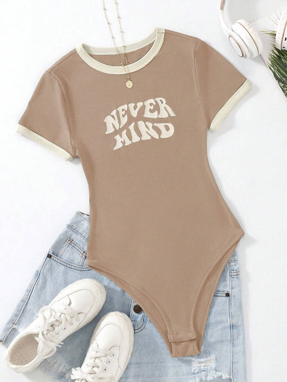 Flirla Slogan Graphic Contrast Trim Bodysuit