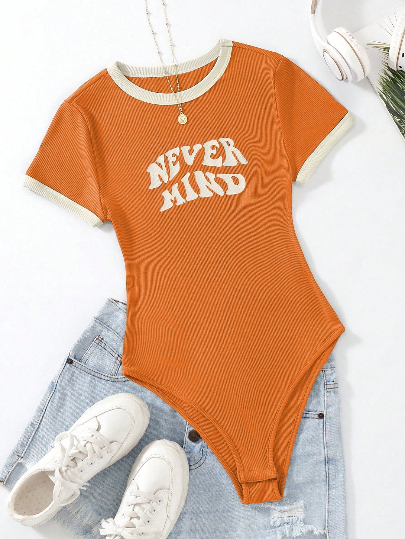Flirla Slogan Graphic Contrast Trim Bodysuit