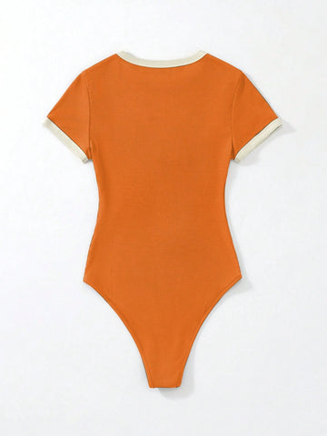 Flirla Slogan Graphic Contrast Trim Bodysuit