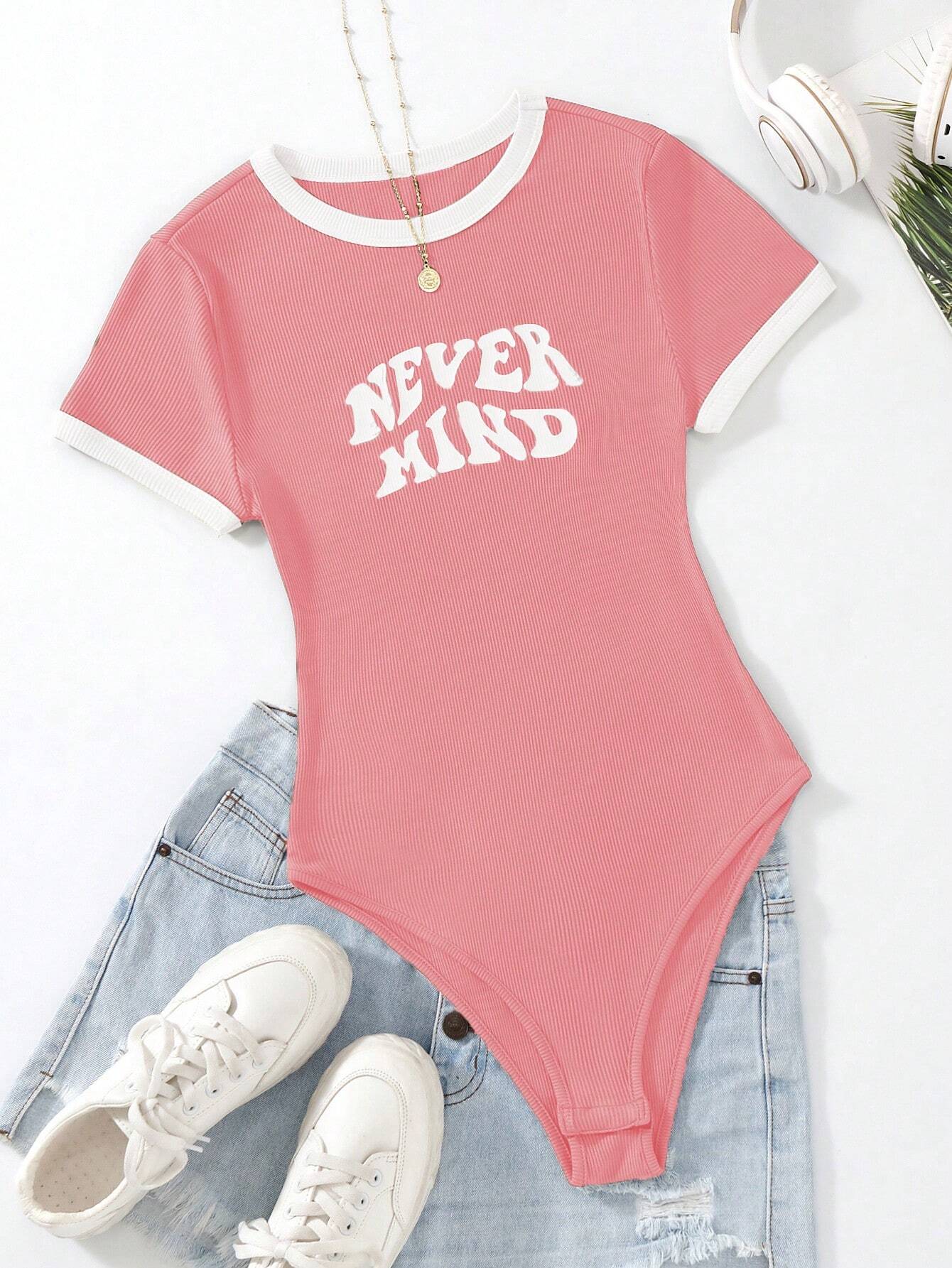 Flirla Slogan Graphic Contrast Trim Bodysuit