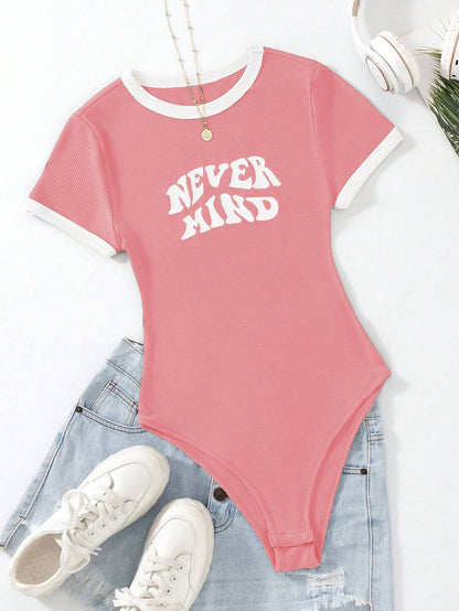 Flirla Slogan Graphic Contrast Trim Bodysuit