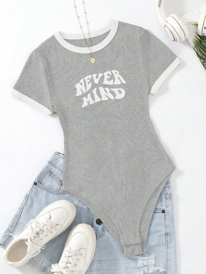 Flirla Slogan Graphic Contrast Trim Bodysuit