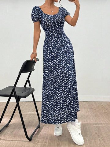 Ditsy Floral Square Neck Puff Sleeve Straight Short Sleeve Midi Dress