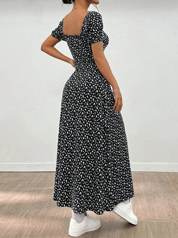 Ditsy Floral Square Neck Puff Sleeve Straight Short Sleeve Midi Dress