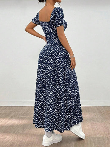 Ditsy Floral Square Neck Puff Sleeve Straight Short Sleeve Midi Dress