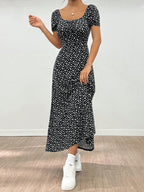 Ditsy Floral Square Neck Puff Sleeve Straight Short Sleeve Midi Dress shein