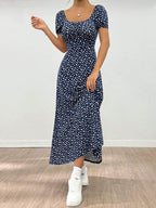 Ditsy Floral Square Neck Puff Sleeve Straight Short Sleeve Midi Dress shein