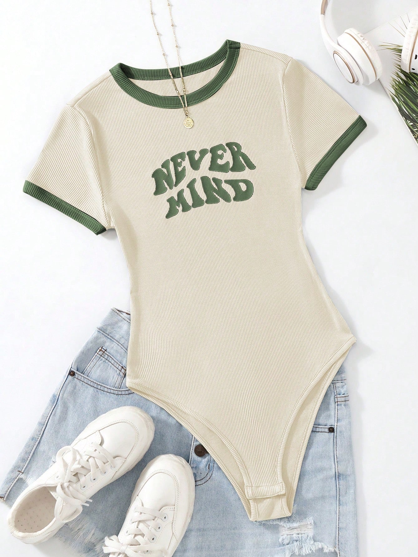 Flirla Slogan Graphic Contrast Trim Bodysuit