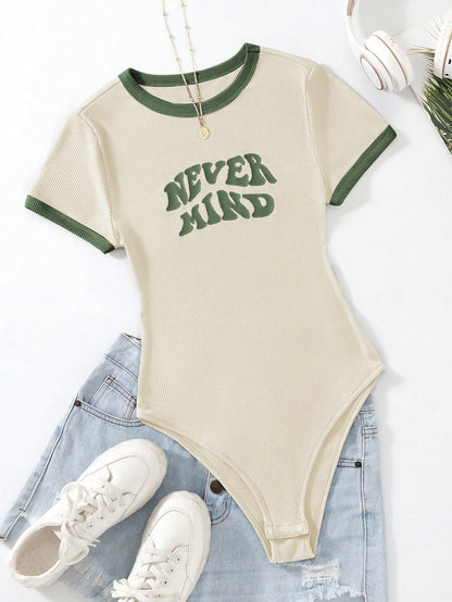 Flirla Slogan Graphic Contrast Trim Bodysuit