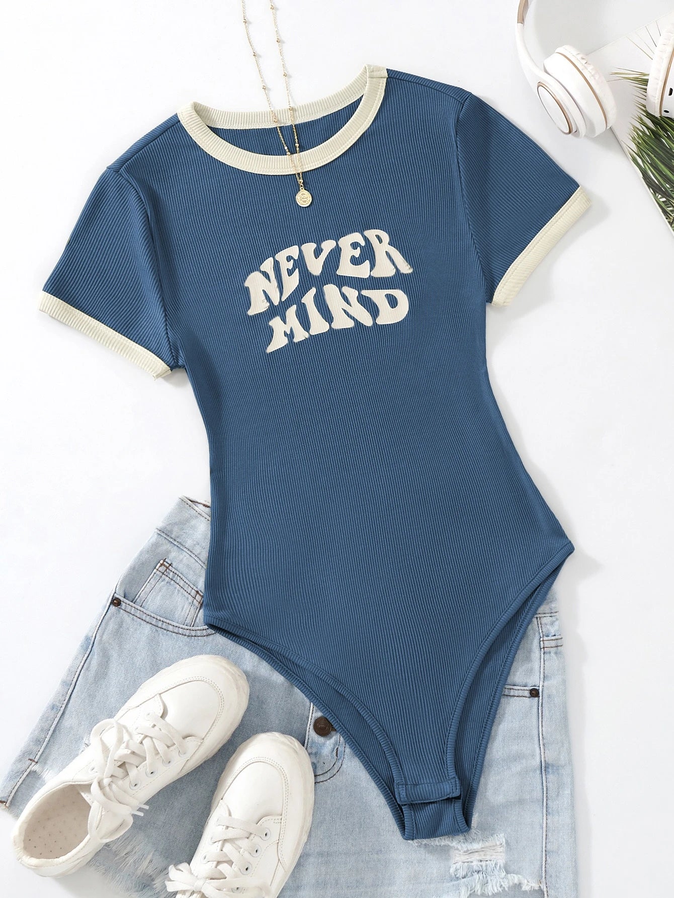 Flirla Slogan Graphic Contrast Trim Bodysuit