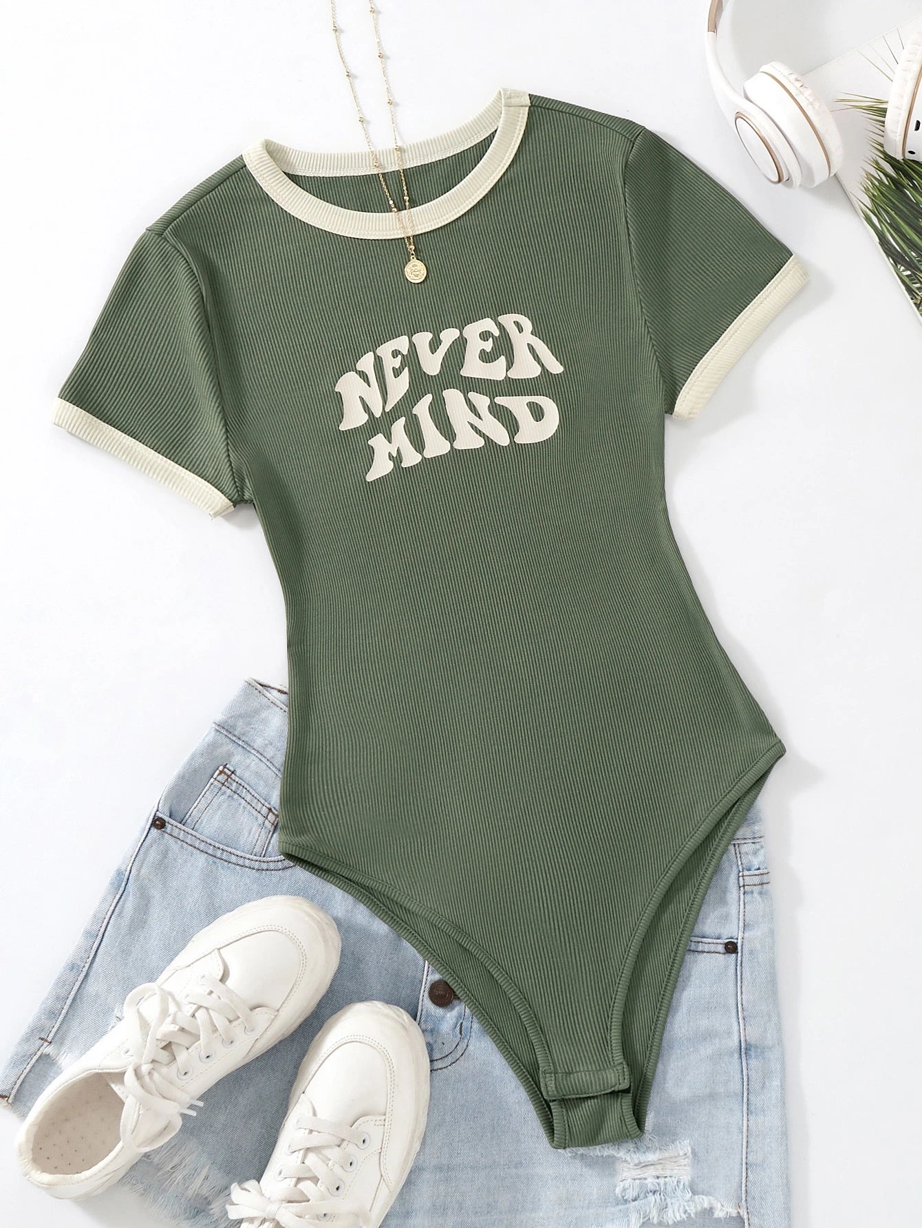 Flirla Slogan Graphic Contrast Trim Bodysuit