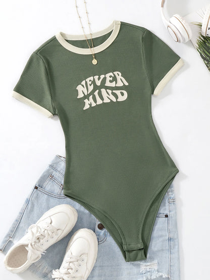 Flirla Slogan Graphic Contrast Trim Bodysuit