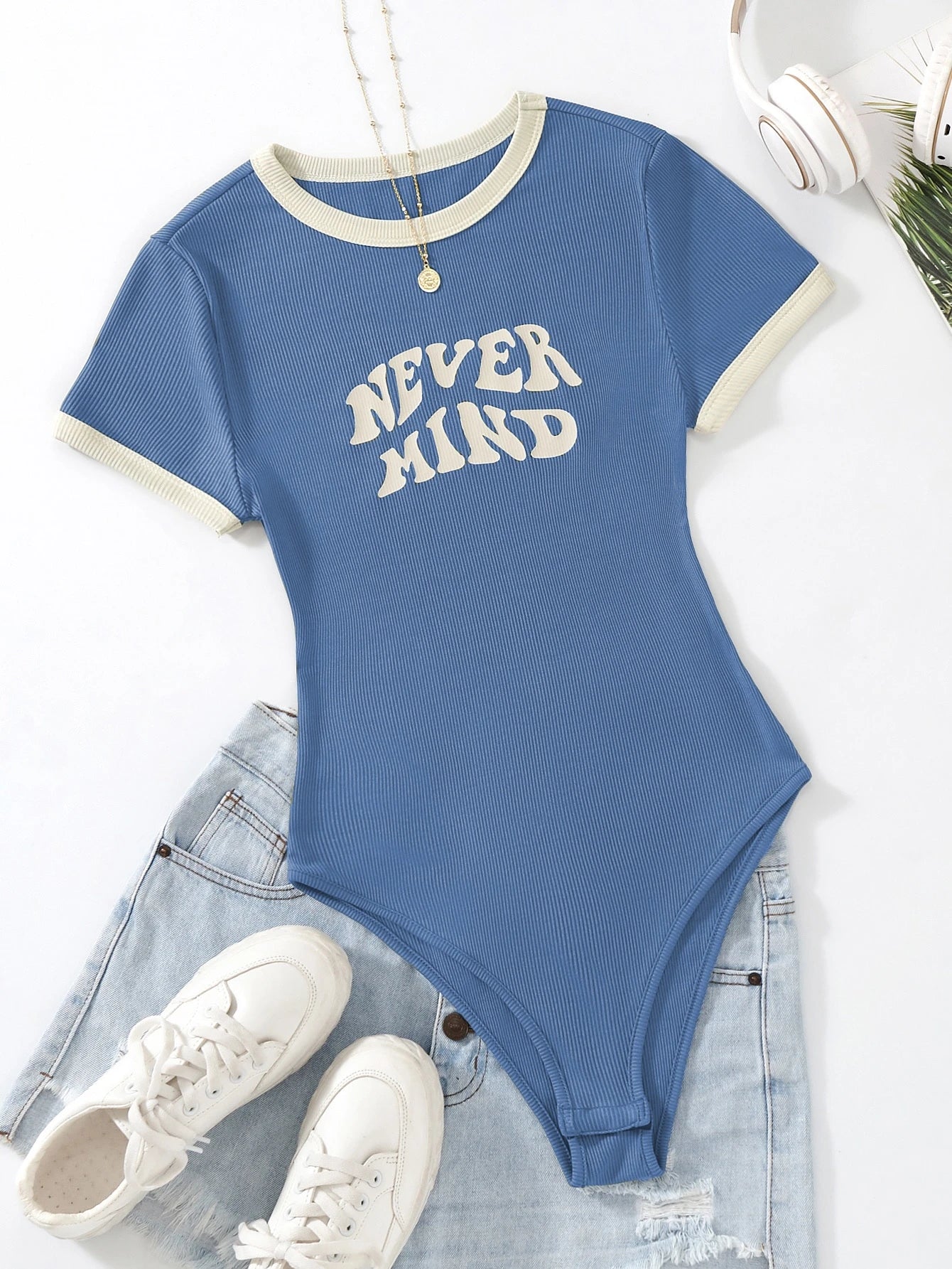 Flirla Slogan Graphic Contrast Trim Bodysuit