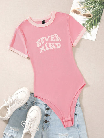 Flirla Slogan Graphic Contrast Trim Bodysuit