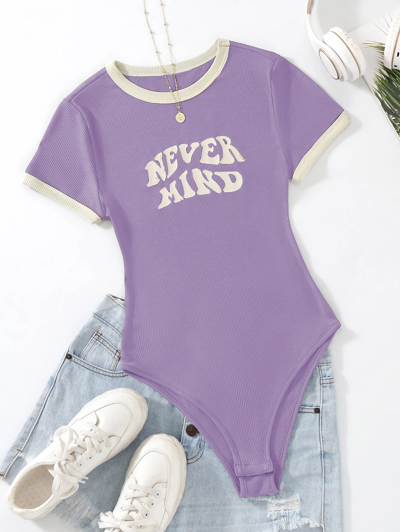 Flirla Slogan Graphic Contrast Trim Bodysuit
