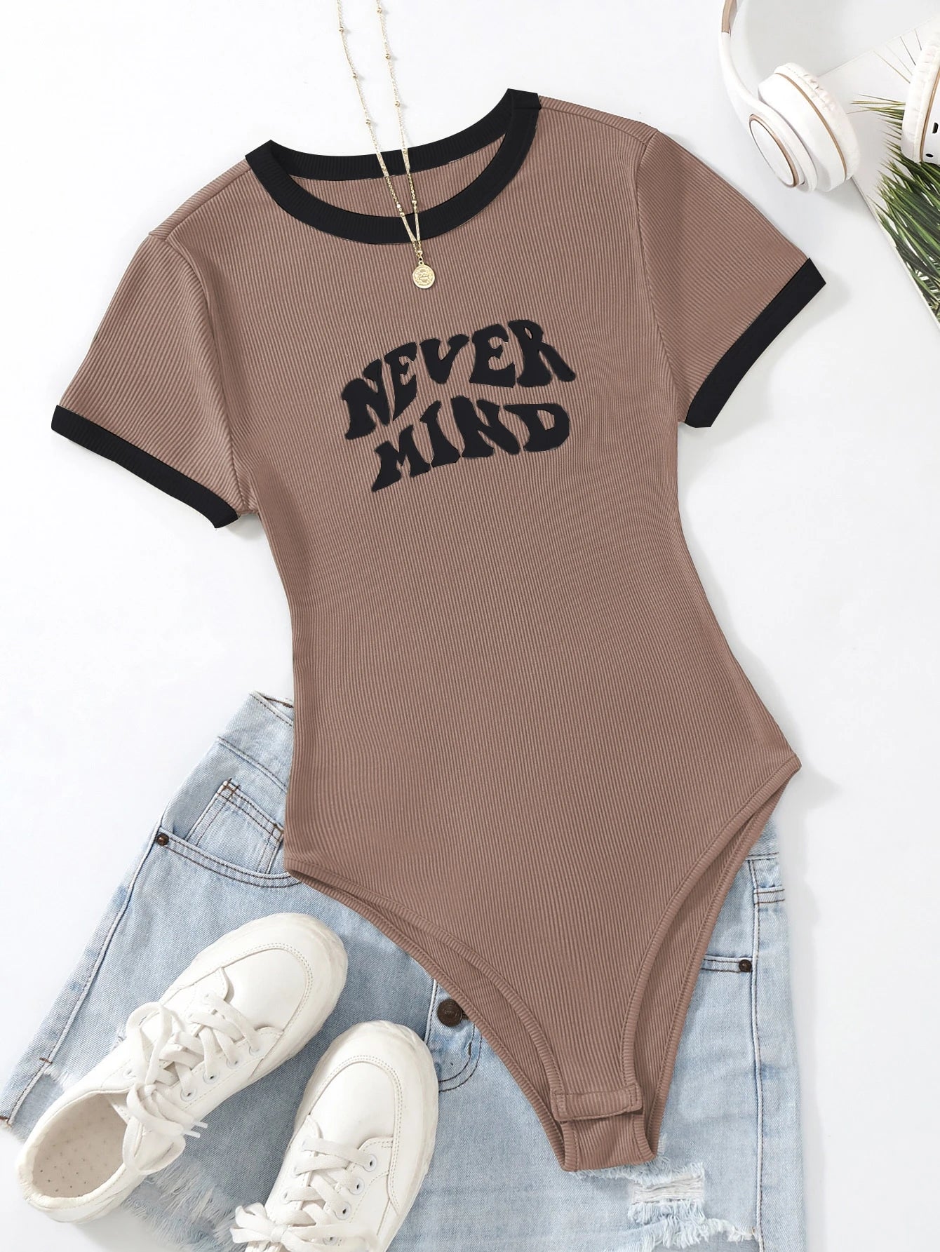 Flirla Slogan Graphic Contrast Trim Bodysuit