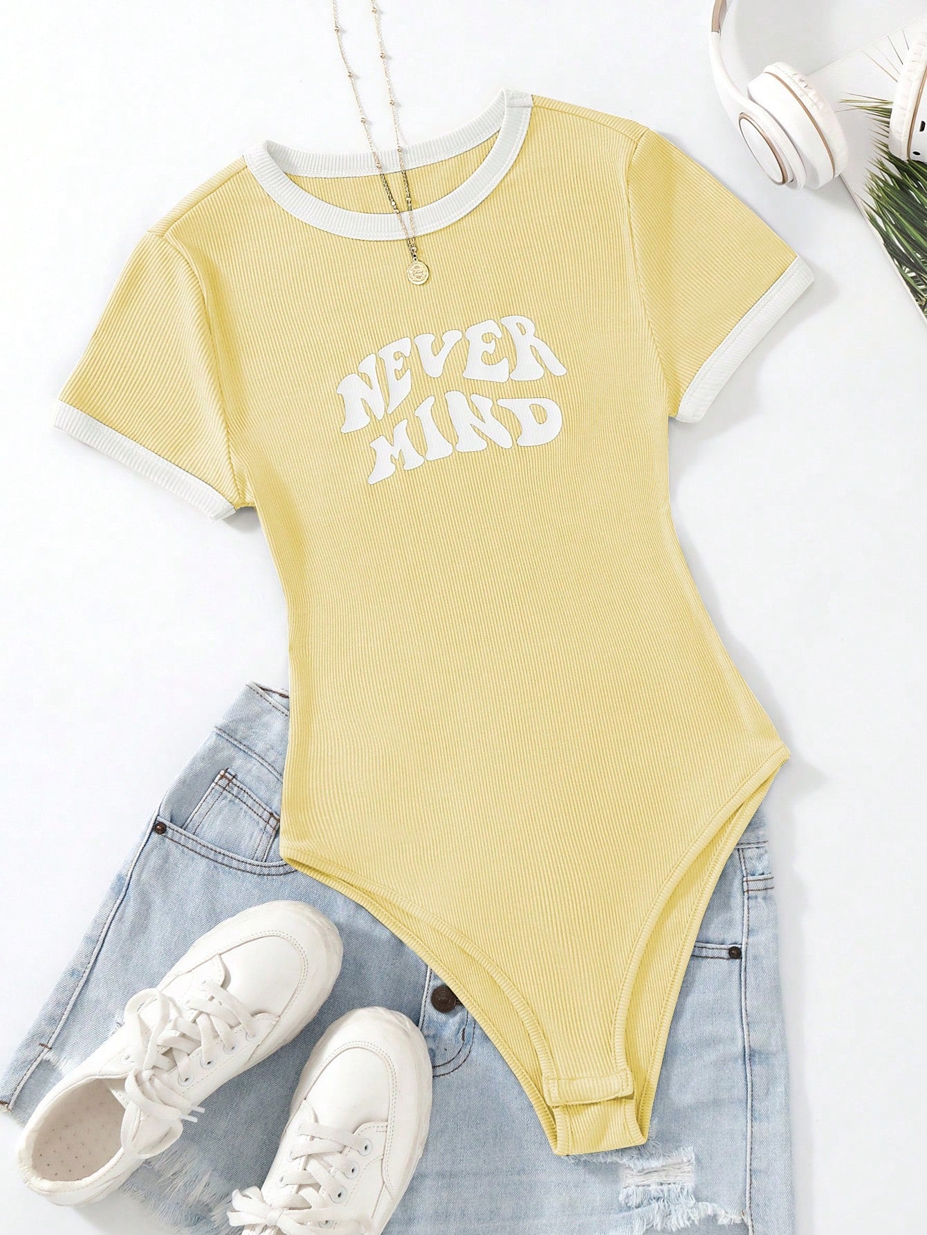 Flirla Slogan Graphic Contrast Trim Bodysuit