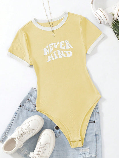 Flirla Slogan Graphic Contrast Trim Bodysuit
