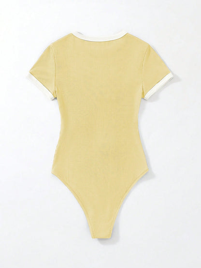 Flirla Slogan Graphic Contrast Trim Bodysuit