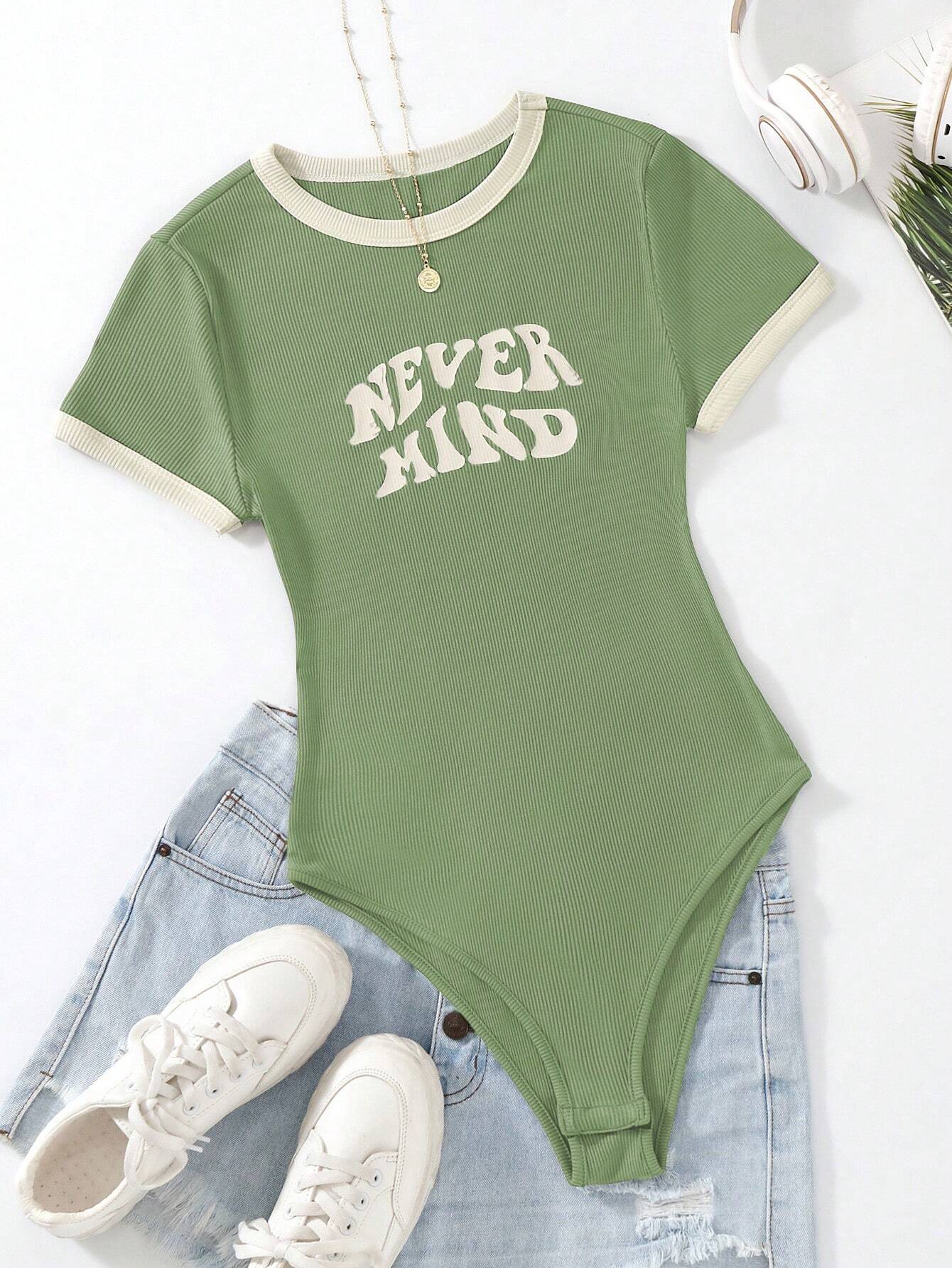 Flirla Slogan Graphic Contrast Trim Bodysuit