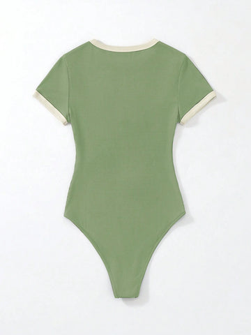 Flirla Slogan Graphic Contrast Trim Bodysuit