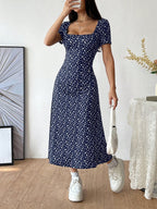 Women's Ditsy Floral Short Sleeve Square Neck Dress shein