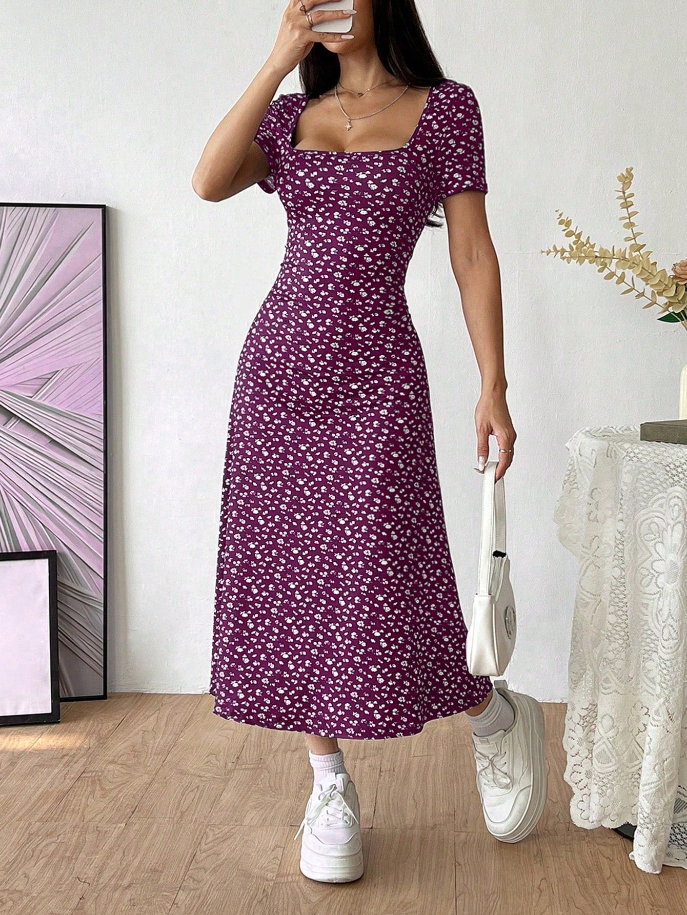 Women's Ditsy Floral Short Sleeve Square Neck Dress shein