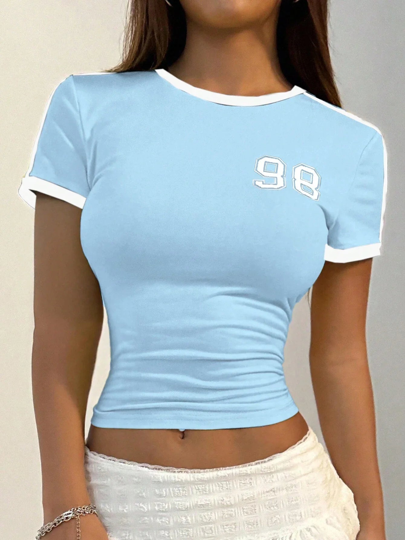 Color-Blocking Digit & Letter Print Slim Fit Short Sleeve T-Shirt shein