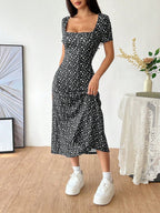 Women's Ditsy Floral Short Sleeve Square Neck Dress shein