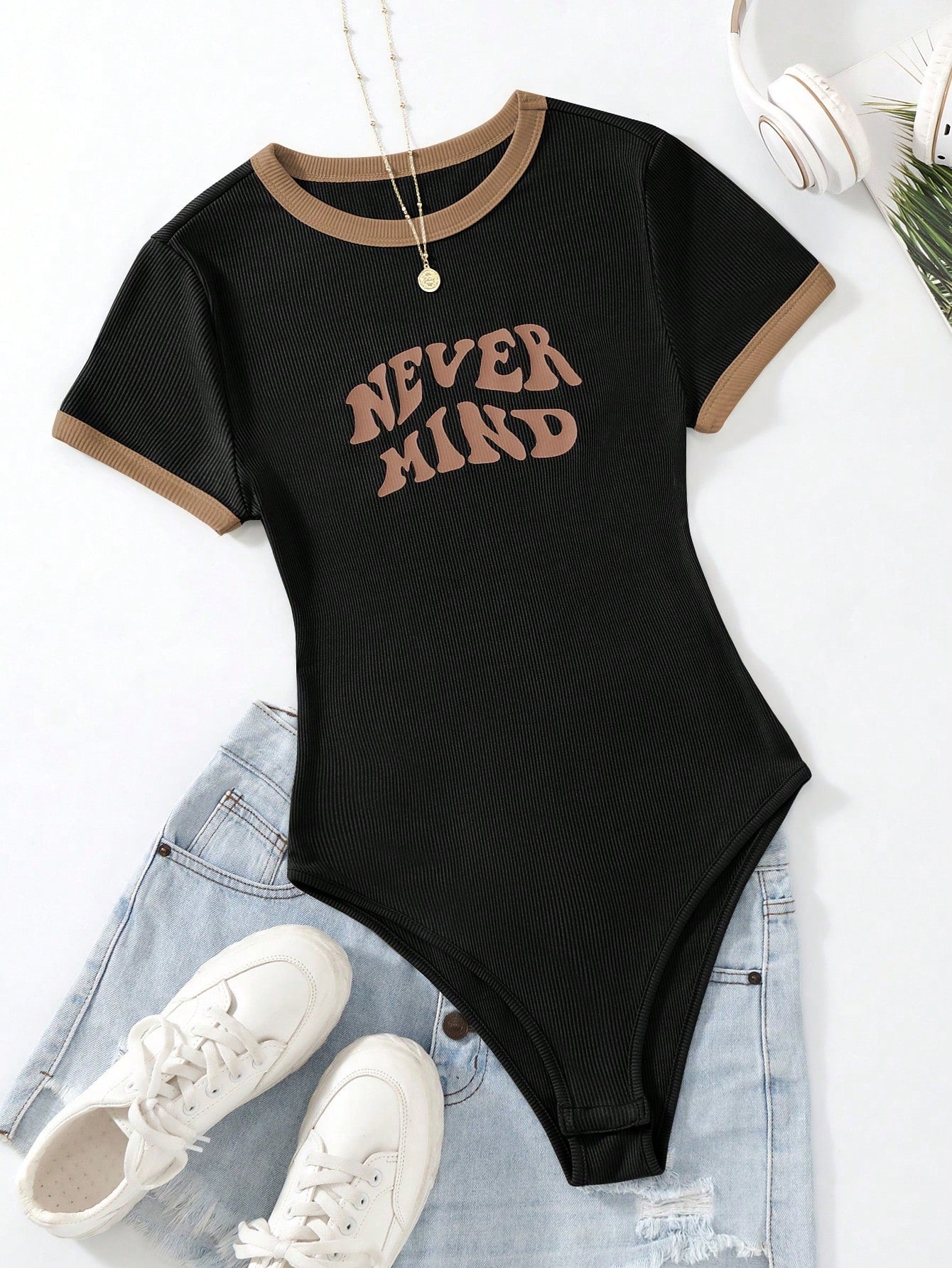 Flirla Slogan Graphic Contrast Trim Bodysuit