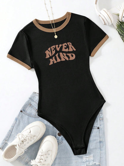 Flirla Slogan Graphic Contrast Trim Bodysuit