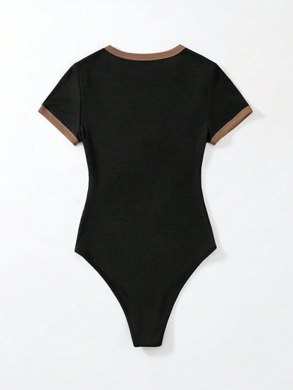 Flirla Slogan Graphic Contrast Trim Bodysuit