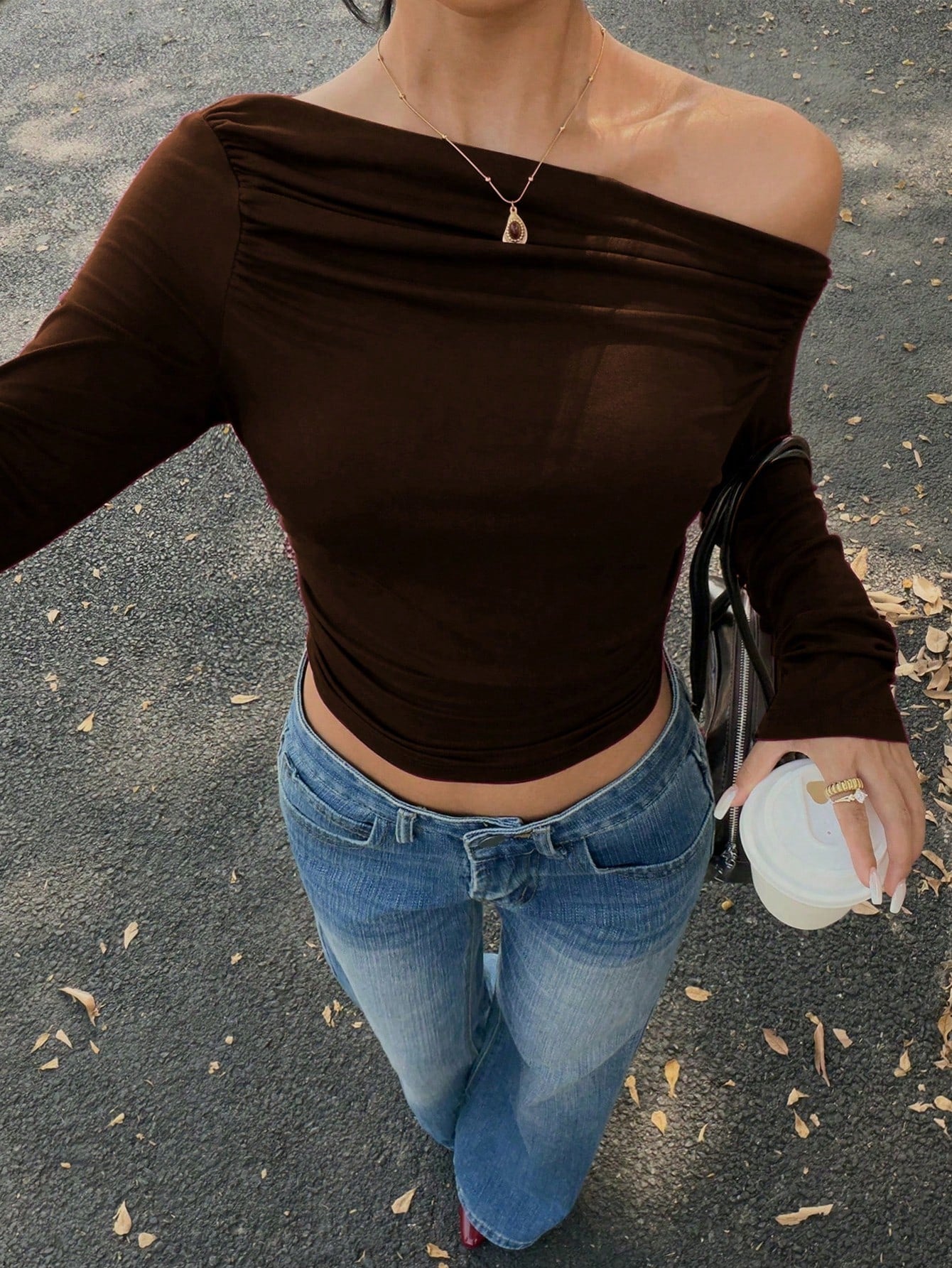 Solid Color Asymmetric Neck Ruched Fitted Cropped T-Shirt shein