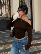 Solid Color Asymmetric Neck Ruched Fitted Cropped T-Shirt shein