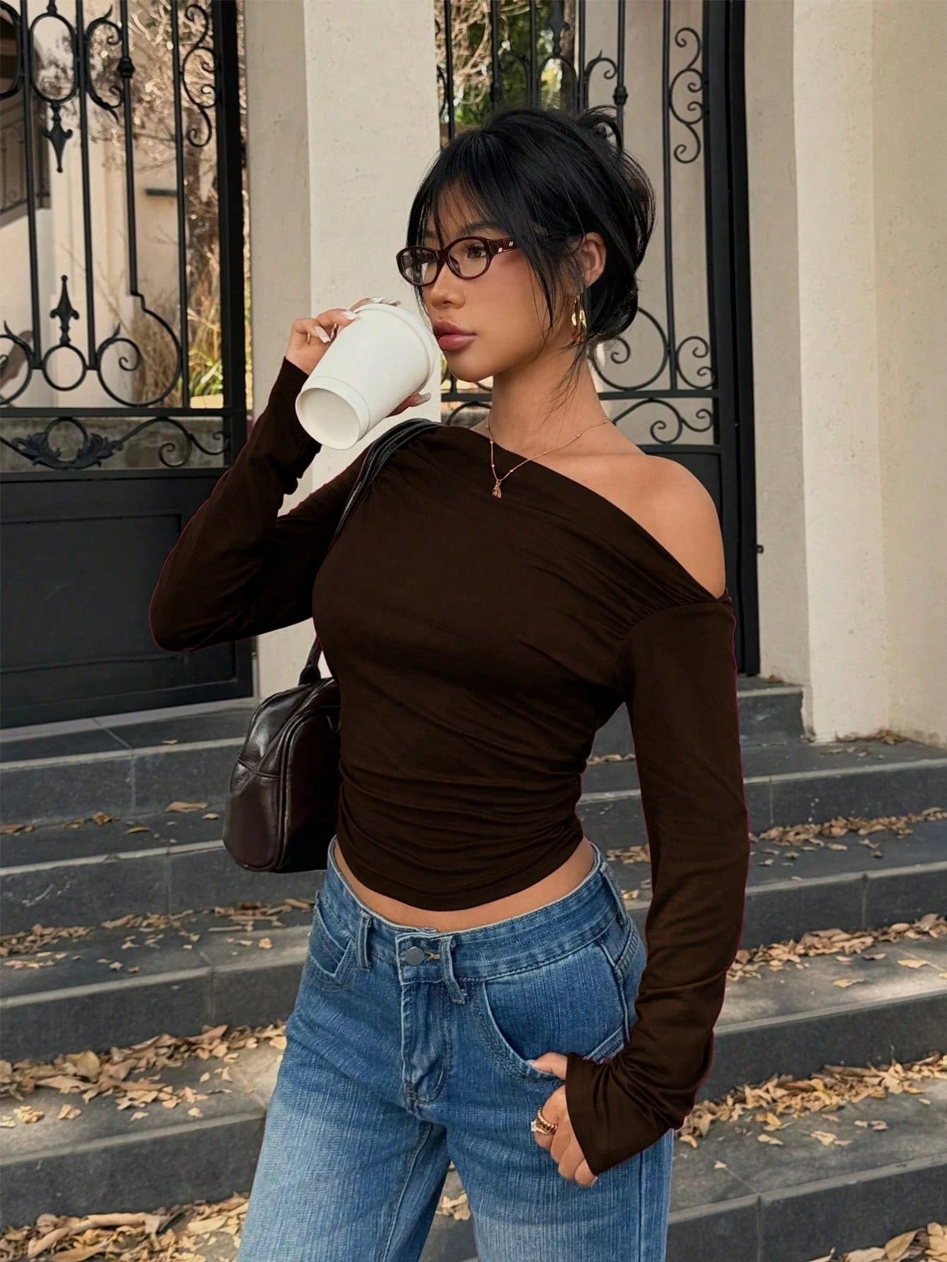 Solid Color Asymmetric Neck Ruched Fitted Cropped T-Shirt shein