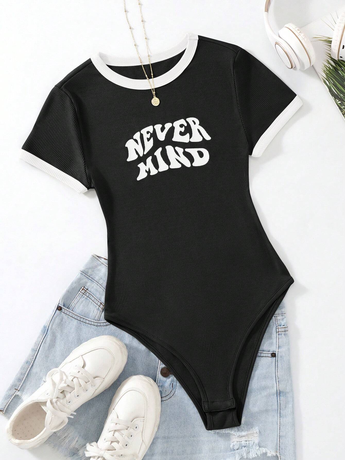 Flirla Slogan Graphic Contrast Trim Bodysuit