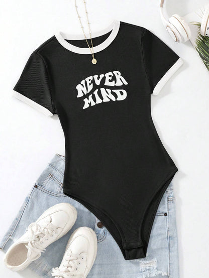 Flirla Slogan Graphic Contrast Trim Bodysuit