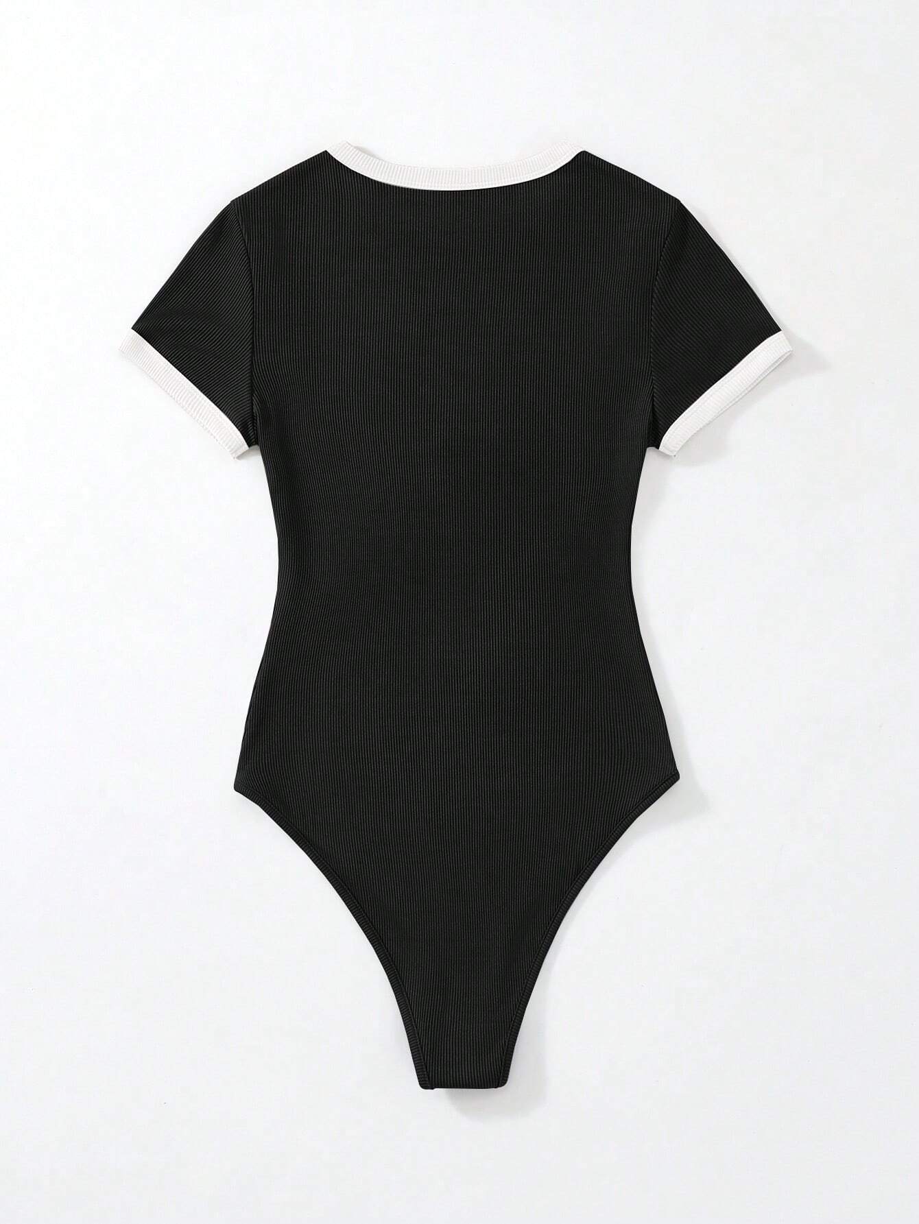 Flirla Slogan Graphic Contrast Trim Bodysuit shein
