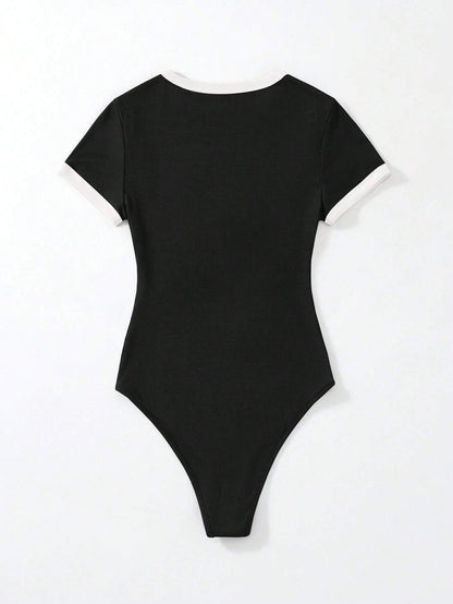 Flirla Slogan Graphic Contrast Trim Bodysuit