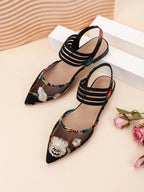 Floral Embroidered Point Toe Ankle Strap Flats shein
