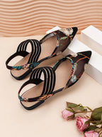 Floral Embroidered Point Toe Ankle Strap Flats shein