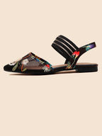 Floral Embroidered Point Toe Ankle Strap Flats shein