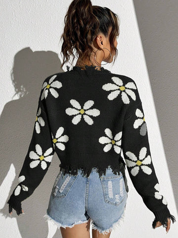 Floral Pattern Drop Shoulder Distressed Sweater shein