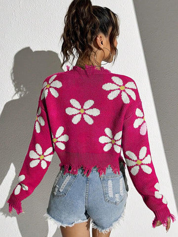 Floral Pattern Drop Shoulder Distressed Sweater shein