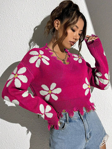 Floral Pattern Drop Shoulder Distressed Sweater shein