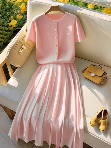 Women Elegant Cardigan Short Sleeve Outfit Set